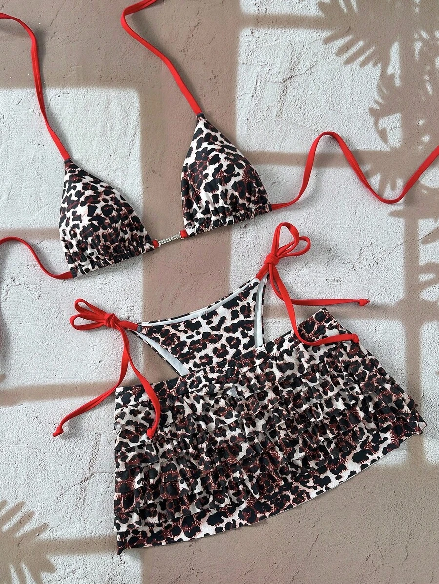 Swim Vcay Women's Ruffled Diamond Chain Decor Halter Tie Sexy Leopard Print Bikini 3-Piece Set, Spring/Summer Beach Vacation