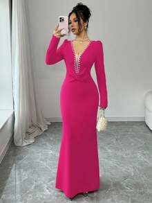 Elenzga Vestido elegante y romántico de mujer con cuello en V, cintura con lazo y corte evasé, con decoración de perlas, adecuado para ocasiones formales