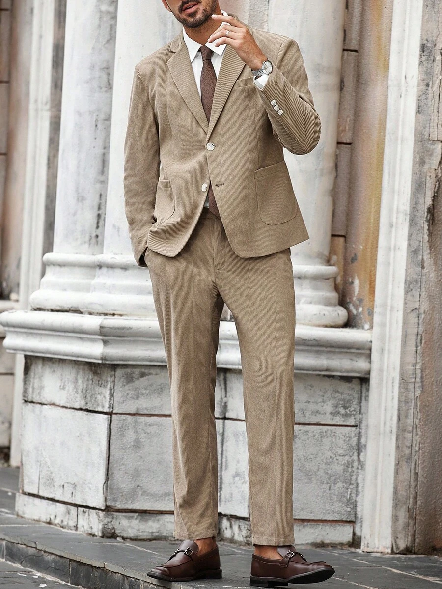 Manfinity Bizformal 男士简约缺口翻领单排扣西装外套和裤子套装,商务/通勤男士米色西装男士卡其色西装棕褐色西装男士男士灯芯绒西装灯芯绒西装男士,秋冬服装 - 卡其色 - 查看 1