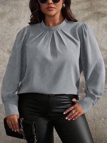 SHEIN Clasi 秋季大码女式纯色立领褶皱泡泡袖优雅衬衫 - 灰色 - 查看 5