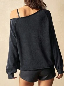 Bohemela Boho Casual Solid Color Knit Asymmetric-Shoulder Long Sleeve Loose Washed Sweatshirt For Women, Suitable For Winter, New Year, Valentine's Day, Music Festival - Black - View 7