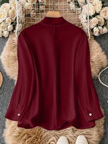 SHEIN Clasi Áo cánh tay dài cổ xoắn thanh lịch cỡ lớn, thích hợp mặc đi làm, mùa thu - Màu Đỏ Sâu - Xem 2
