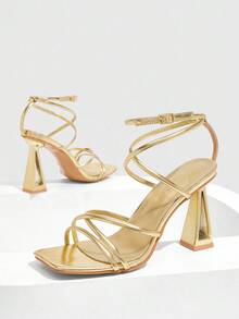 CUCCOO SZL 女士方头粗跟露趾系带凉鞋，性感百搭金色露趾鞋 - 金色 - 查看 4