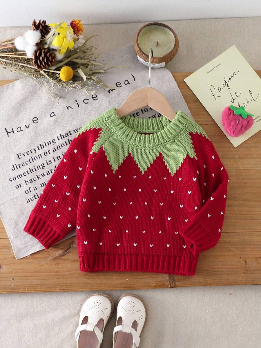 Baby Girls' Thick Knit Round Neck Christmas Themed Cute Strawberry Jacquard Pullover Sweater, Versatile For Outings, Travel, Parties, Holidays, And Comfortable Home Wear Fall Winter - Red - View 1