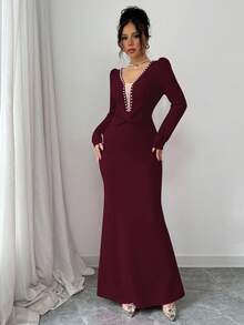 Elenzga Vestido de fiesta elegante y romántico para mujer con escote en V, cintura con lazo con cuentas y dobladillo con volantes - Burdeos - Ver 5
