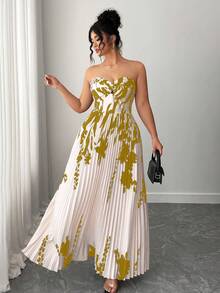 Elenzga Plus Size Women Elegant Floral Print Ruched Bandeau Dress, Summer - Ginger - View 3