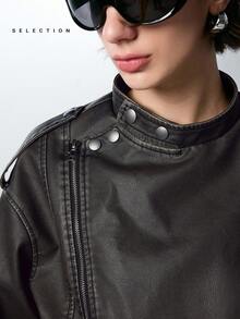 LYSMO 休闲街头时尚 PU 皮革长袖女式夹克 - 黑色 - 查看 9