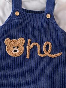 SHEIN Vintaside Kids 男婴针织时尚可爱百搭小熊提花毛衣连体裤、工装裤