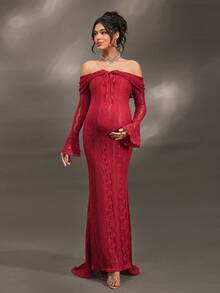 Cheriluna Maternity 优雅露肩白色蕾丝长袖美人鱼长裙，适合婚礼、派对、迎婴派对、孕妇写真拍摄、洗礼