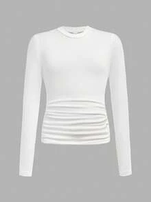 Sparklyn 3pcs/Set Tween Girls Casual Ruched Waist Round Neck Short Fitted Long Sleeve T-Shirts Fall Winter - Multicolor - View 6