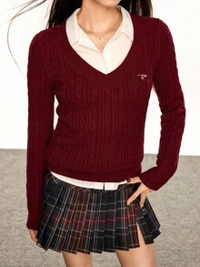 Rina Fox Women's Casual Letter Embroidery & Twist Knit V-Neck Sweater, Autumn/Winter Christmas