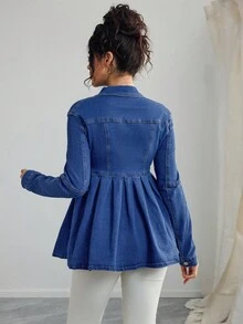 SHEIN Maternity Solid Color Button Front Pleated Casual Long Sleeve Denim Jacket