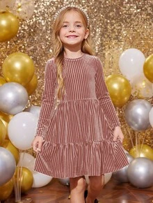 SHEIN Emery Rose Kids Young Girl Striped Velvet A-Line Dress, Elegant Long Sleeve Cake Dress, For Birthday Party, Vacation, Great For Casual & Daily Wear & School Daily In Autumn & Winter, For Christmas, Mom And Daughter Matching - Pink - View 4