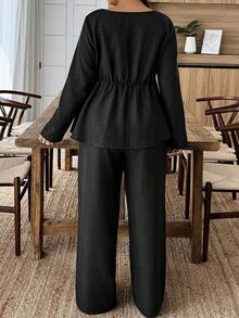 Weeklong Plus Size Casual Solid Color Shirt And Pants 2 Pieces Set