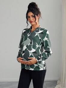 SHEIN 孕妇圆领全印花镂空领长袖衬衫 - 軍綠色 - 查看 3