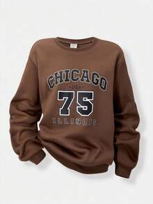 SHEIN Streecool 少女休闲学院风字母数字印花保暖卫衣 - 棕色 - 查看 1