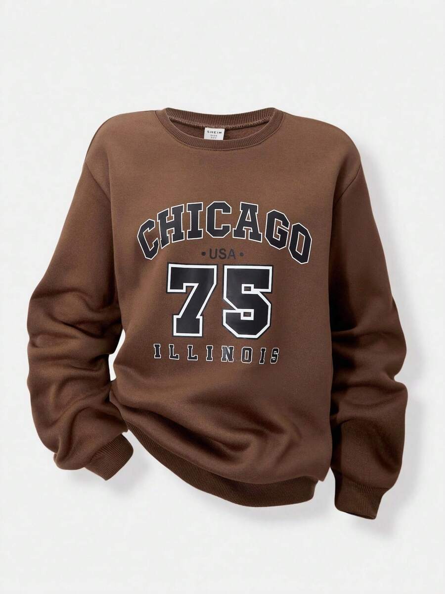 SHEIN Streecool 少女休闲学院风字母数字印花保暖卫衣 - 棕色 - 查看 1