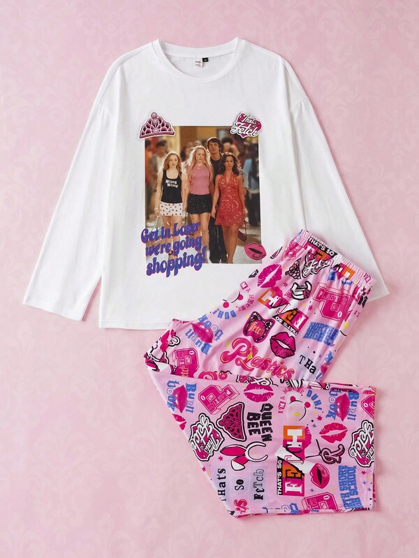 Mean Girls X SHEIN Set pigiama comodo e grafico, con top a maniche lunghe e pantaloni, set pigiama autunnale rosa, pigiama femminile, set pigiama per donne, set pigiama per compleanni, set pigiama per addio al nubilato, abbigliamento autunnale, outfit comodo