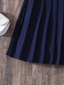 女童可爱学院风撞色蝴蝶结装饰徽章泡泡袖收腰褶皱二合一连衣裙 - 藏蓝色 - 查看 7