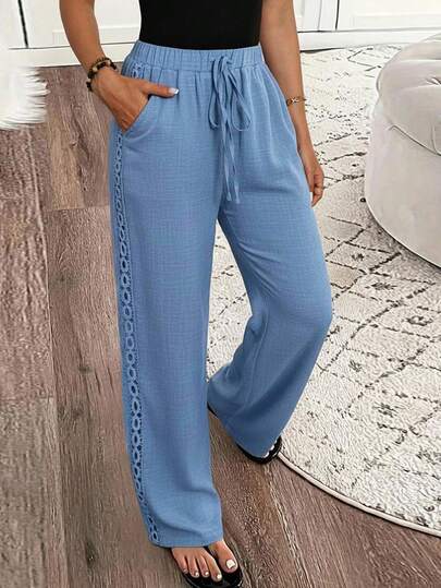 EMERY ROSE Ladies' Denim Effect Linen Blend Side Lace Insert Long Pants Fall Cloth For Women