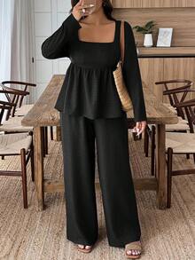 Weeklong Plus Size Casual Solid Color Shirt And Pants 2 Pieces Set