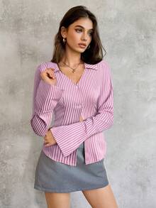 SHEIN Unity 女式休闲条纹纽扣前喇叭袖衬衫，秋季 - 粉色 - 查看 6
