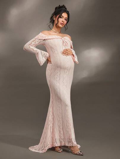 Cheriluna Maternity Elegant Off-Shoulder White Lace Long Sleeve Mermaid Maxi Dress, Suitable For Wedding, Party, Baby Shower, Maternity Photoshoot, Christening