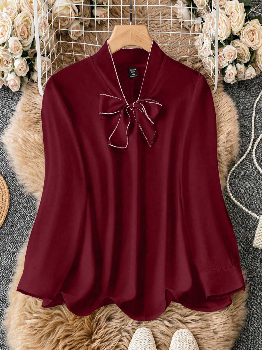SHEIN Clasi Áo cánh tay dài cổ xoắn thanh lịch cỡ lớn, thích hợp mặc đi làm, mùa thu - Màu Đỏ Sâu - Xem 1