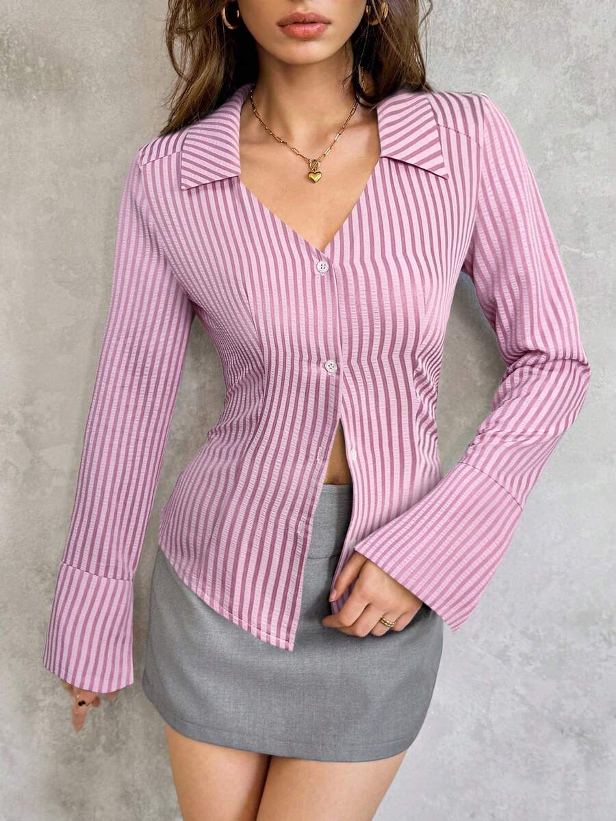 SHEIN Unity 女式休闲条纹纽扣前喇叭袖衬衫,秋季 - 粉色 - 查看 1