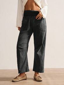 Bohemela 女士休闲纯色梭织宽松低腰裤，秋冬波西米亚风格 - 黑色 - 查看 5