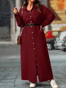 EMERY ROSE Plus Size Women's Solid Color Drop Shoulder Loose Casual Shirt Dress, Spring/Fall Maxi Women Outfit - Burgundy - View 5