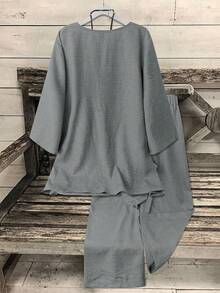 Linhara 2pcs/Set Women Plus Size V-Neck 3/4 Sleeve Top + Straight Leg Pants, Solid Color Casual/Work Outfit - Grey - View 2