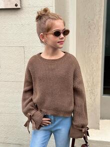 SHEIN 少女秋冬棕色咖啡色针织罗纹袖口蝴蝶结宽松套头毛衣，适合秋冬休闲日常穿着，可与妈妈搭配，时尚秋季，母女棕色针织毛衣，袖口系带 - 鏽棕色 - 查看 10