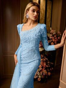 MOTF Soiréza LONG SLEEVE ASYMMETRICAL PEARL DETAIL NECKLINE MAXI BEADED EVENING DRESS WITH MERMAID HEM & SHEER OVERLAY PERFECT FOR GALA EVENTS - Blue - View 1