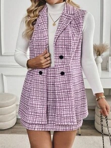 SHEIN Clasi 大码女式格子图案背心 + A 字中长裙 2 件套，优雅日常通勤 - 紫色 - 查看 3