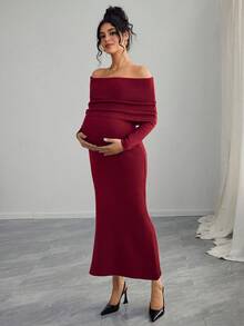 Momance Maternity Solid Color Off-Shoulder Long Sleeve Fitted Elegant Knit Dress, Autumn/Winter - Burgundy - View 4