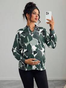 SHEIN 孕妇圆领全印花镂空领长袖衬衫 - 軍綠色 - 查看 1