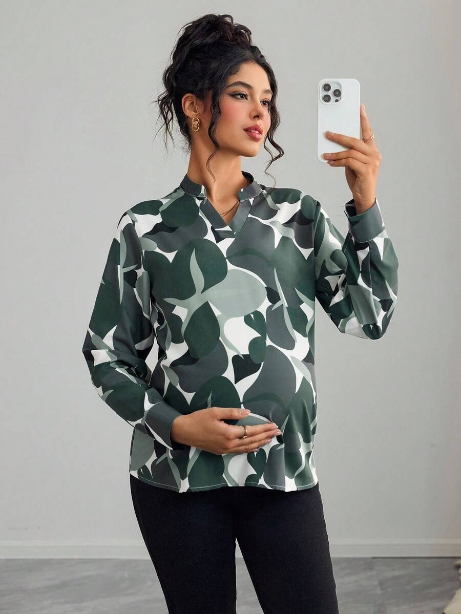 SHEIN 孕妇圆领全印花镂空领长袖衬衫 - 軍綠色 - 查看 1