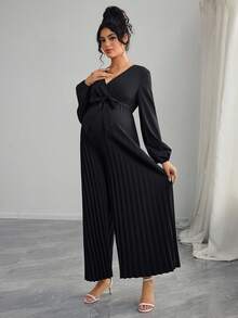 Momance 孕妇纯色交叉V领灯笼袖打结腰部褶皱阔腿宽松优雅连体裤 - 黑色 - 查看 6