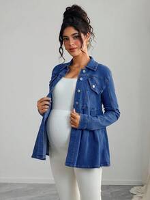 SHEIN Maternity Solid Color Button Front Pleated Casual Long Sleeve Denim Jacket