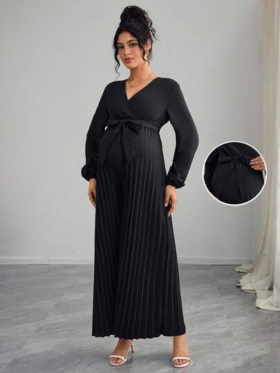 Momance Pregnant Women's Solid Color Crossed V-Neck Lantern Sleeve Knotted Waist Pleated Wide Leg Loose Elegant Jumpsuit