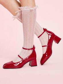 CUCCOO DOLLMOD Women's Fashion Square Toe Chunky Heel Ankle Strap High Heels For Christmas