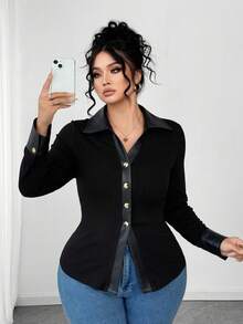 Elenzga 秋季大码女式皮革拼布休闲单排扣衬衫 - 黑色 - 查看 5