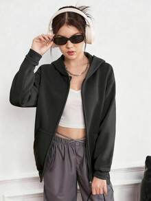 Teen Girl Casual Minimalist Solid Color Pocket Zipper Sweatshirt Long Sleeve Hooded Sweatshirt Jacket, Versatile For All Seasons Fall Winter - Dark Grey - View 3