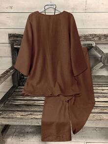 Linhara Bộ đồ công sở thường ngày 2 món cho nữ cỡ lớn Áo cổ chữ V tay 3/4 + Quần ống đứng - Cà phê nâu - Xem 2