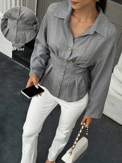 Selianne 女士优雅通勤纯色褶腰衬衫