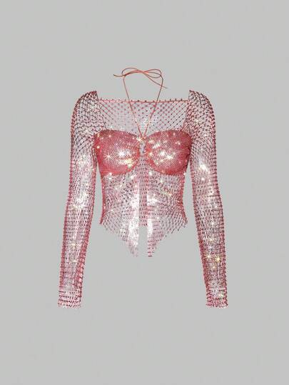 EgrlEra 女士水钻渔网短款上衣，适合酒吧、派对、音乐节