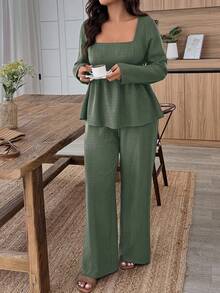 Weeklong Conjunto de 2 piezas de top de manga larga con cuello cuadrado y pantalones de unicolor talla grande - Verde militar - Ver 4