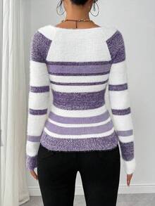 EMERY ROSE Striped Pattern Crew Neck Fitted Long Sleeve Sweater