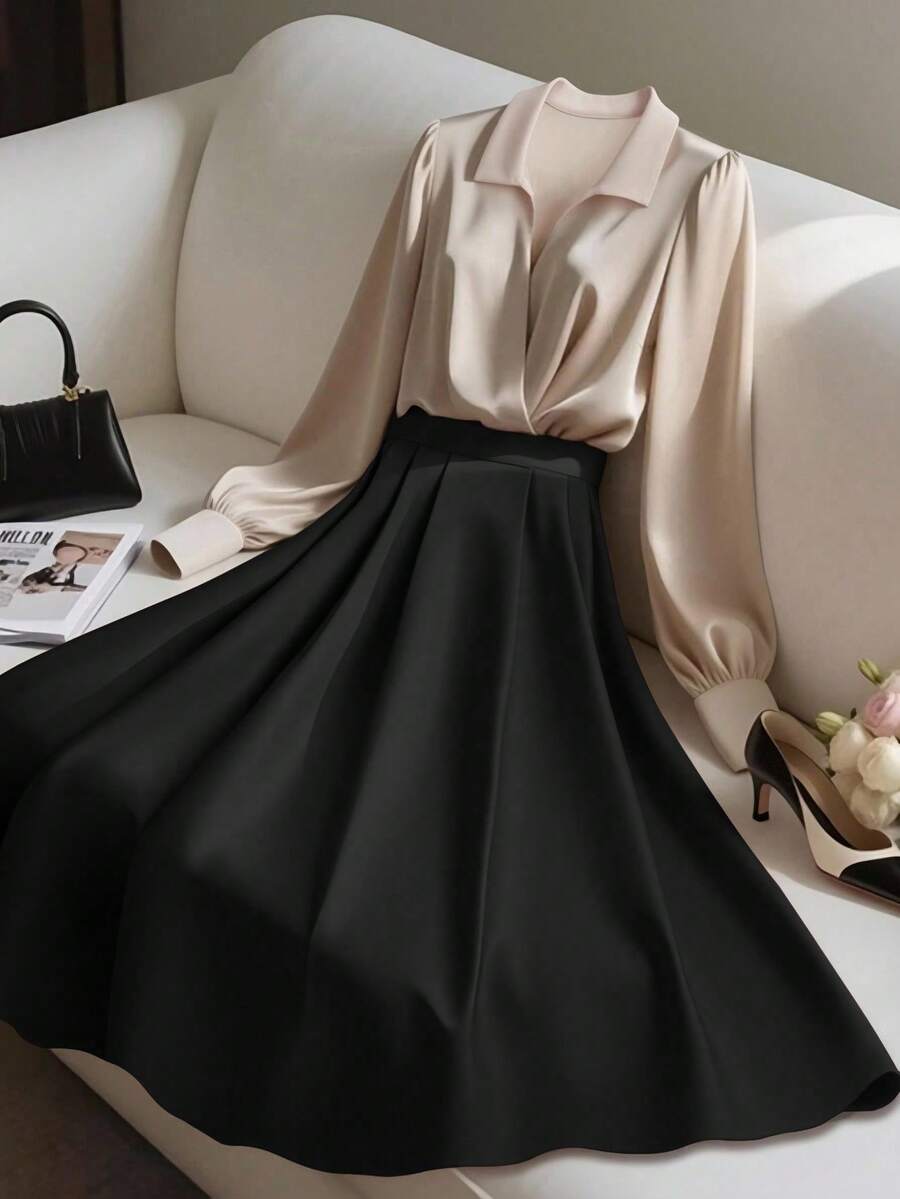 Franclia Bộ 2 món áo vải bóng và chân váy midi xếp ly thời trang thanh lịch, phù hợp cho mùa thu/đông - Nhiều màu - Xem 1